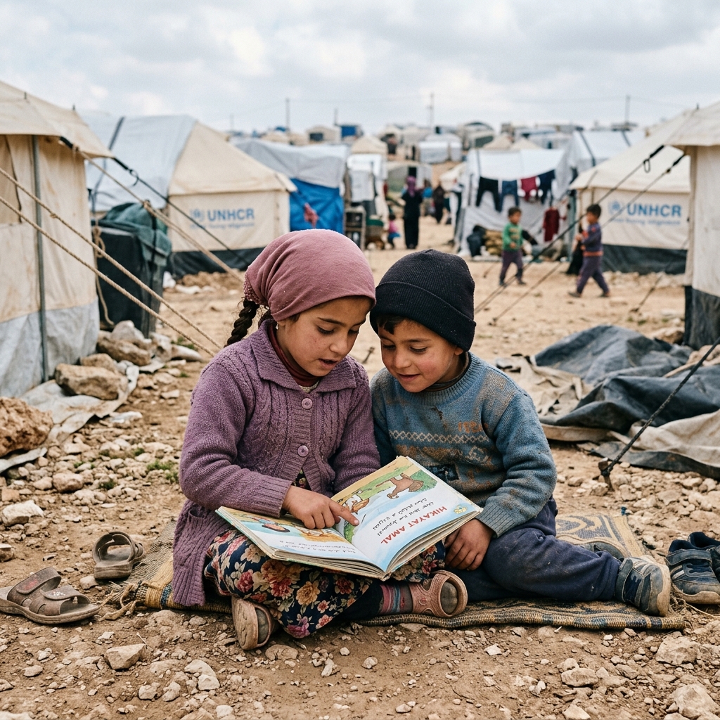 Refugee children reading